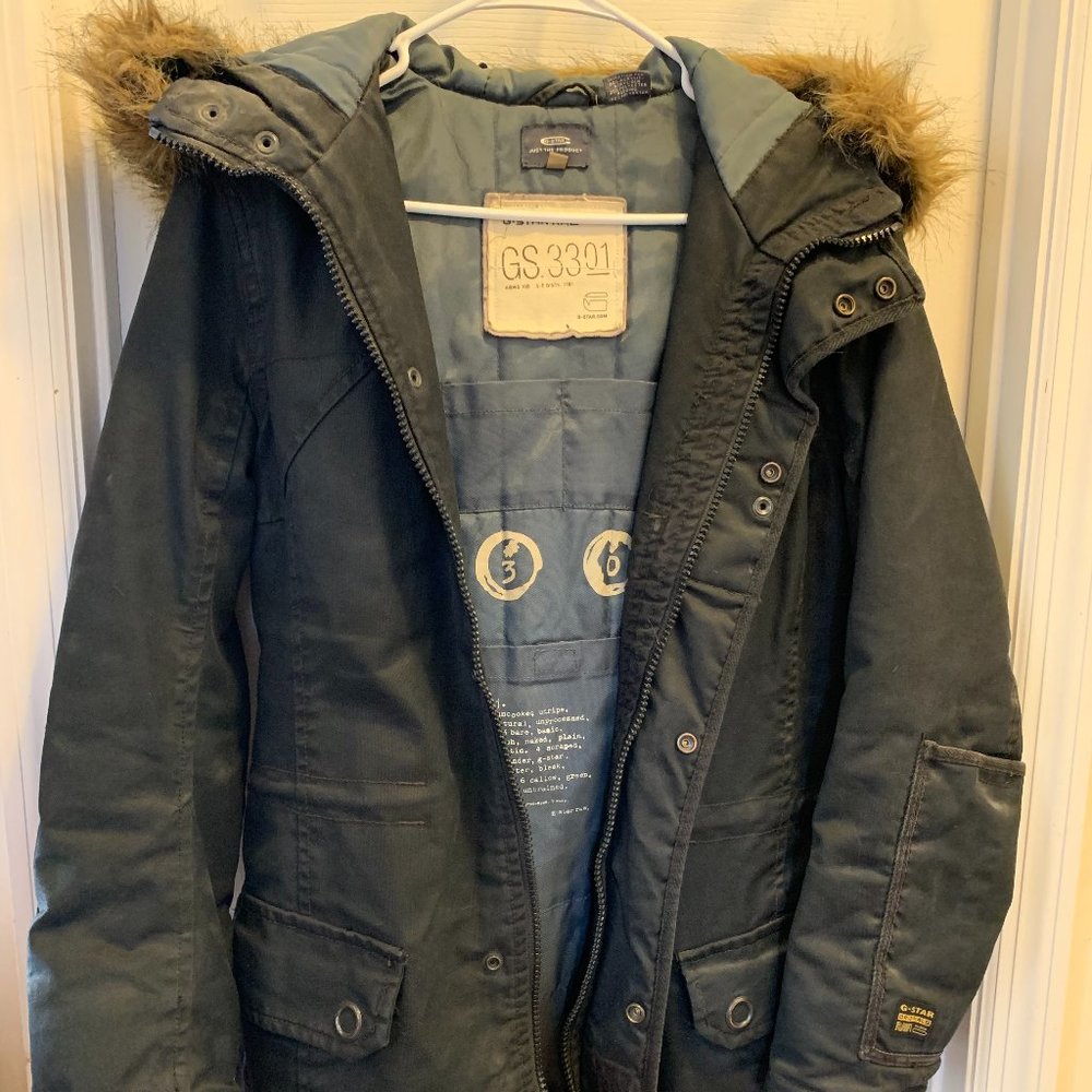 Women's G-Star RAW Slate Gray/Black Hooded Parka - Size M - Faux Fur Multipocket